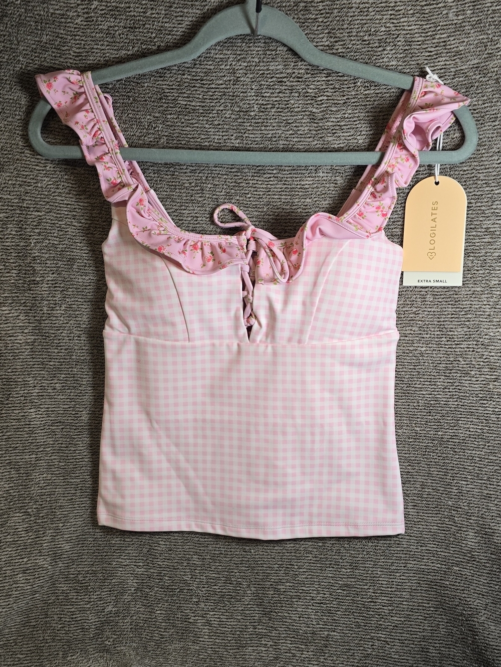 XS Pink Gingham Ruffle Tie-Front Tank Top